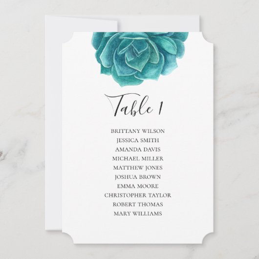 Invitation Plan de table de mariage aquarelle succulent. Teal (Devant)