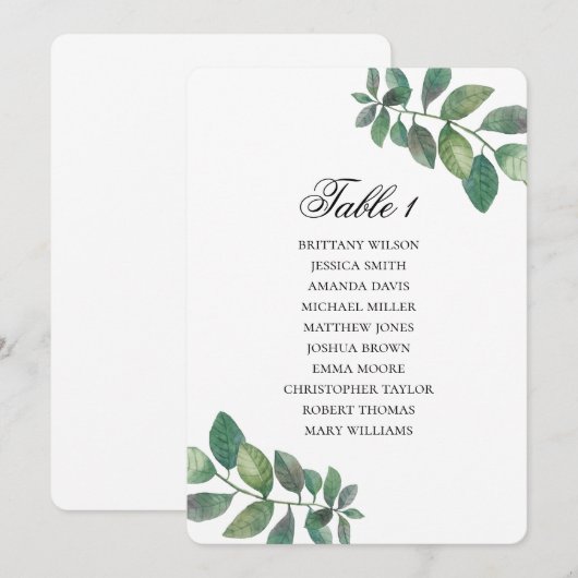 Invitation Plan de table de mariage au feuillage vert. (Devant / Derrière)