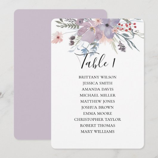 Invitation Plan de table de mariage aux fleurs violettes. Bot (Devant / Derrière)