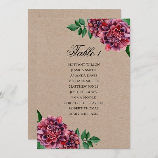 Invitation Plan de table de mariage Bourgogne. Plan rustique  (Devant / Derrière)