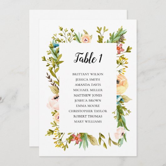 Invitation Plan de table de mariage d'été. Plan de table fleu (Devant / Derrière)