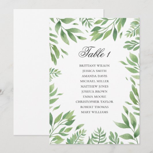 Invitation Plan de table de mariage d'été vert. Botanique (Devant / Derrière)