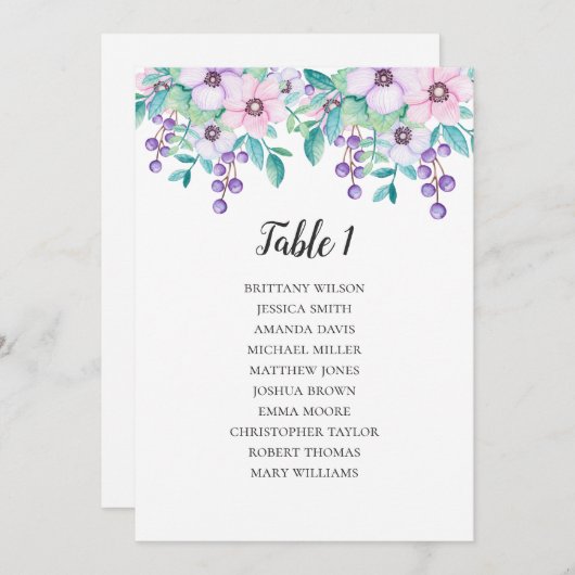 Invitation Plan de table de mariage fleuri. Plan de table flo (Devant / Derrière)