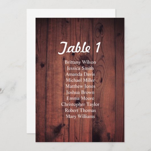 Invitation Plan de table de mariage rustique. Table en bois (Devant / Derrière)