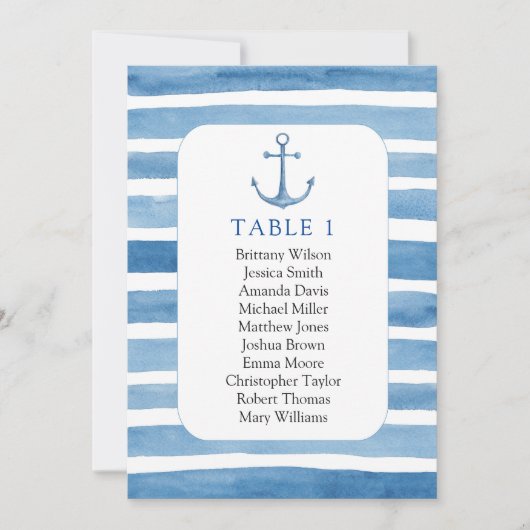 Invitation Plan de table de mariage sur la plage. Ancre bleu  (Devant)