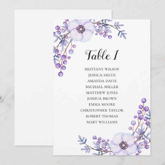 Invitation Plan de table de mariage violet. Plan de table fle (Devant / Derrière)