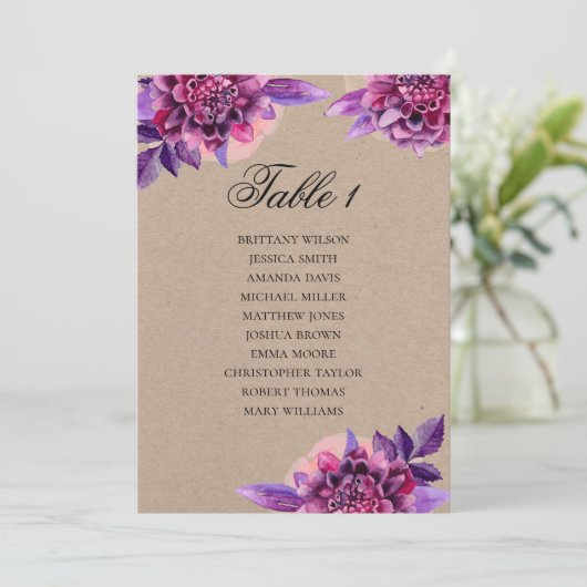 Invitation Plan de table de mariage violet. Plan kraft floral (Debout devant)