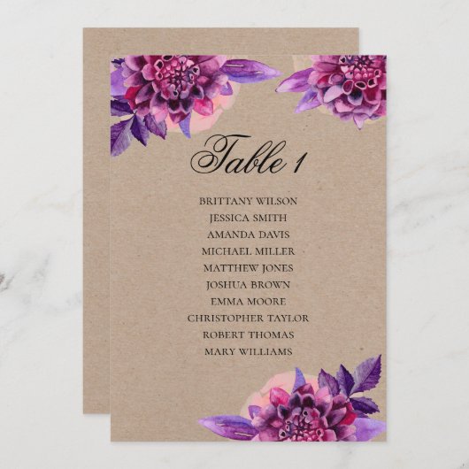Invitation Plan de table de mariage violet. Plan kraft floral (Devant / Derrière)