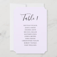 Plan de table de mariage violet simple. Écriture m