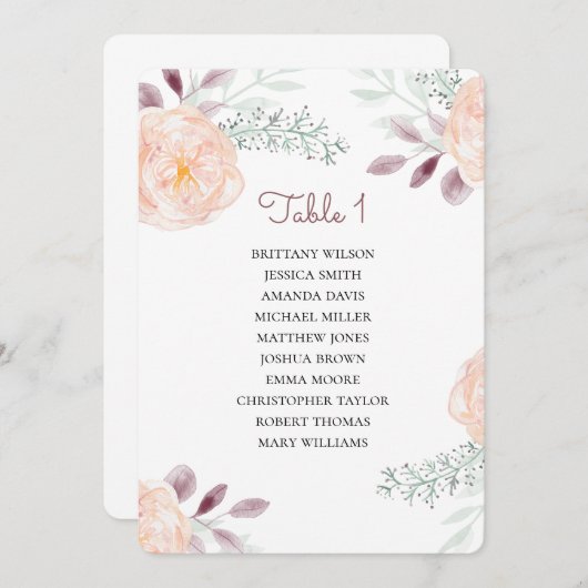 Invitation Plan de table fleurs de pêche. Plan de mariage flo (Devant / Derrière)