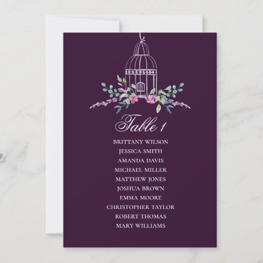 Invitation Plan de table floral cage à oiseaux. Mariage viole (Devant)