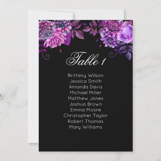 Invitation Plan de table floral violet. Plan de mariage noir (Devant)