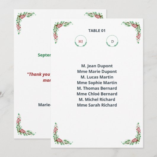Invitation Plan de table individuel Chic (Devant / Derrière)
