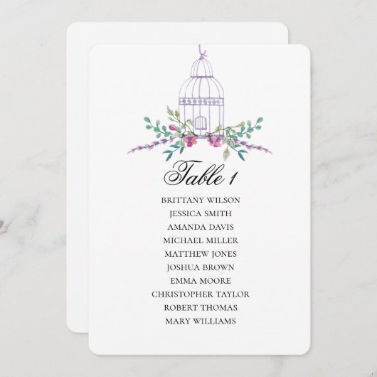 Invitation Plan de table sur cage à oiseaux violette. Plan de (Devant / Derrière)