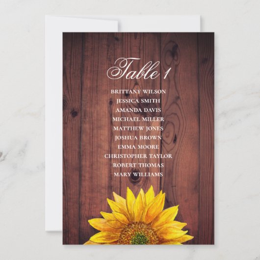 Invitation Plan de table tournesol. Grange en bois rustique d (Devant)