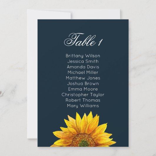 Invitation Plan de table tournesol. Mariage rustique bleu mar (Devant)