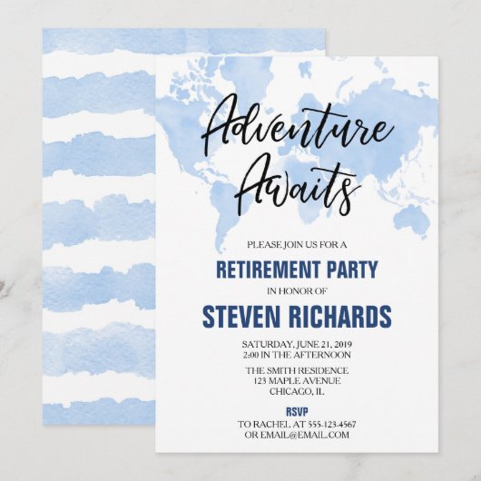 Invitation Plan du monde voyageur retraite aquarelle bleu (Devant / Derrière)