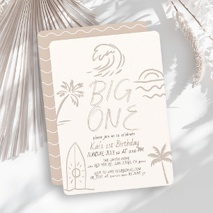 Invitation Planche de surf Big One Doodle Beige 1er anniversa