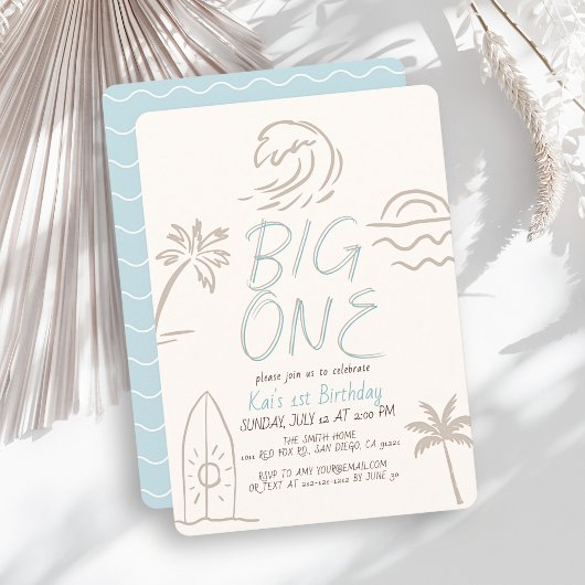 Invitation Planche de surf Big One Doodle Blue Boy 1er Annive