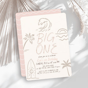 Invitation Planche de surf Big One Doodle Fille Rose 1er Anni