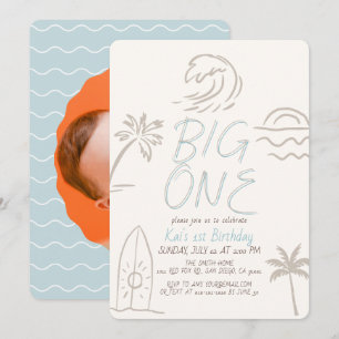 Invitation Planche de surf Big One Doodle Photo Anniversaire