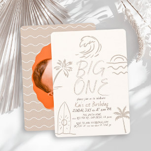 Invitation Planche de surf Big One Doodle Photo Beige 1er ann