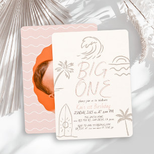 Invitation Planche de surf Big One Doodle Rose Photo 1er Anni