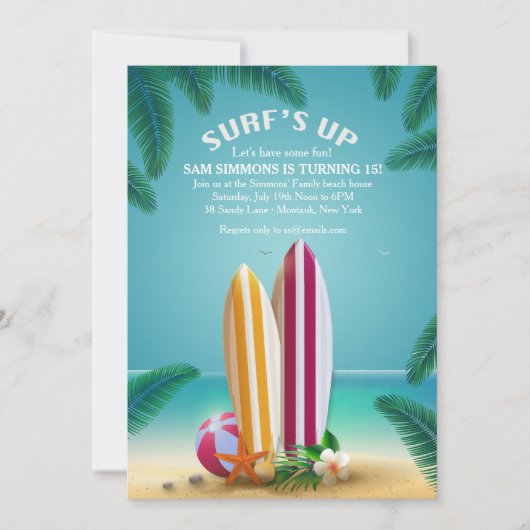 Invitation Planche de Surf Fête de Plage (Devant)