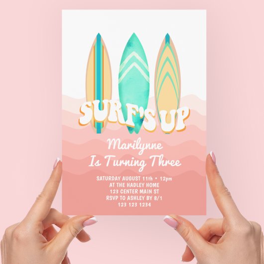 Invitation Planche de surf rose 3e anniversaire