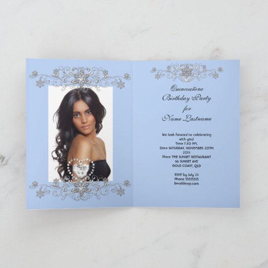 Invitation Planche Quinceanera Parties scintillant Bleue Tiar (Intérieur)