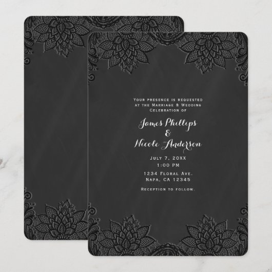 Invitation Plancher noir floral et Mariage campagnard dentell (Devant / Derrière)