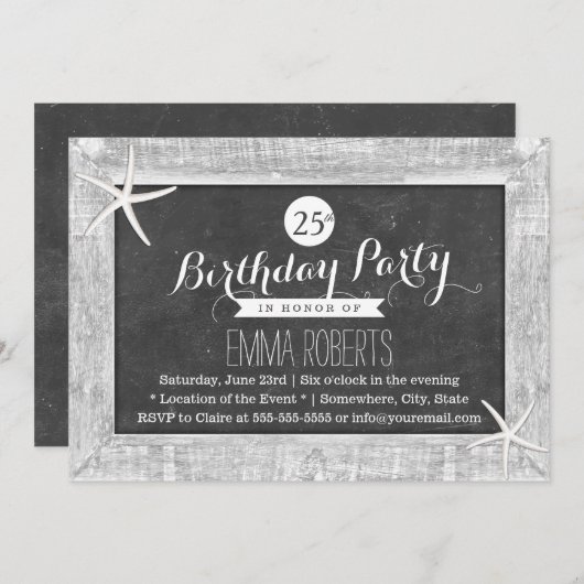 Invitation Plancher rustique Bois encadré Starfish Anniversai (Devant / Derrière)