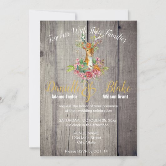 Invitation Planches Rustiques, Tête de Cerf Florale Feuille d (Devant)