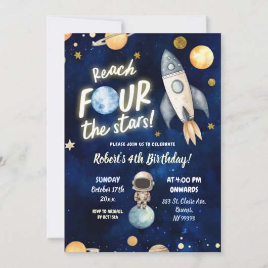 Invitation Planet Space Boy Atteindre Quatre étoiles 4e anniv (Devant)