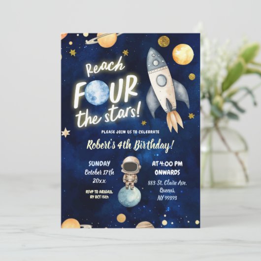 Invitation Planet Space Boy Atteindre Quatre étoiles 4e anniv (Debout devant)
