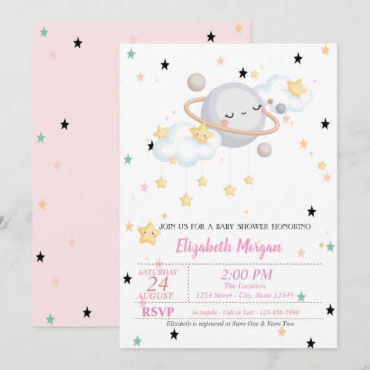 Invitation Planète, Nuages, Étoiles, Baby shower (Devant / Derrière)