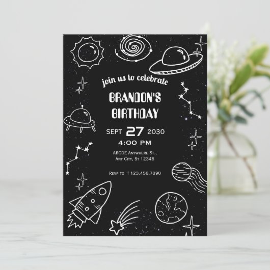 Invitation Planète spatiale noir et blanc  (Debout devant)