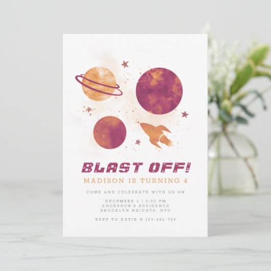 Invitation Planète spatiale Watercolor Girl 4e anniversaire (Debout devant)