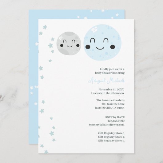 Invitation Planètes Bleues et Grises Bébé Fille Douche (Devant / Derrière)