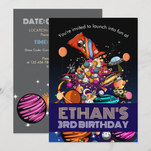 Invitation Planètes de bonbons dans l'espace fête d'anniversa (Devant / Derrière)