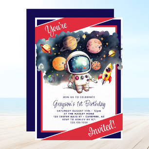 Invitation Planètes de l'Espace Extérieur Rouge Blanc Bleu An