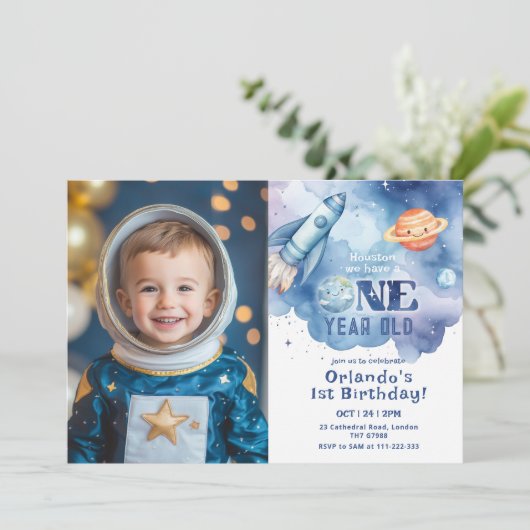 Invitation Planètes spatiales extérieures Garçon photo 1er an (Debout devant)