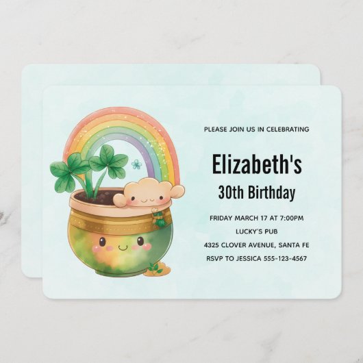 Invitation Planeur Whimsical avec arc-en-ciel et trèfle anniv (Devant / Derrière)