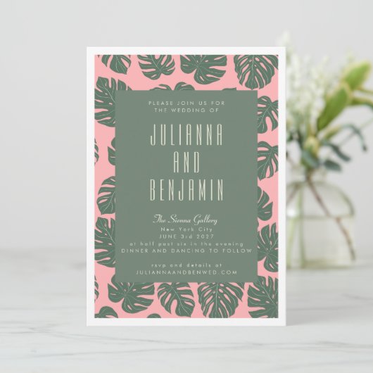 Invitation Plante de feuille Monstera Mariage vert rose botan (Debout devant)