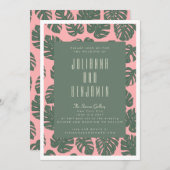 Invitation Plante de feuille Monstera Mariage vert rose botan (Devant / Derrière)