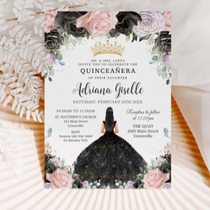 Invitation Plante noire rose violet or Quinceanera Sweet 16