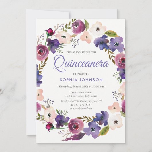 Invitation Plante pourpre Burgundy Wreath Floral Quinceanera (Devant)