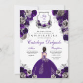 Invitation Plante violette & Argent Floral Elegant Quinceañer (Devant)