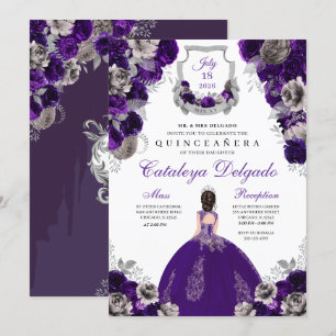 Invitation Plante violette & Argent Floral Elegant Quinceañer