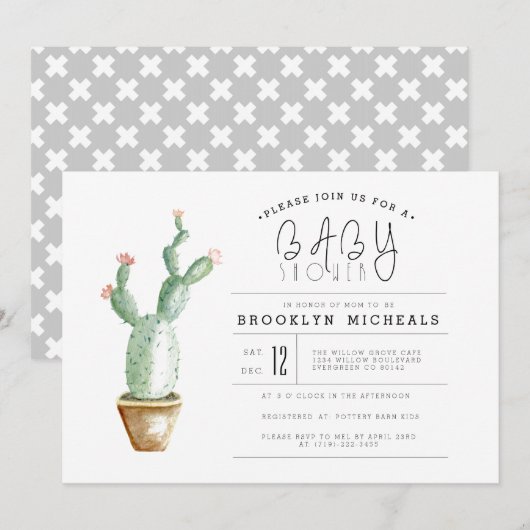 Invitation Planteur Cactus | Baby shower aquarelle (Devant / Derrière)